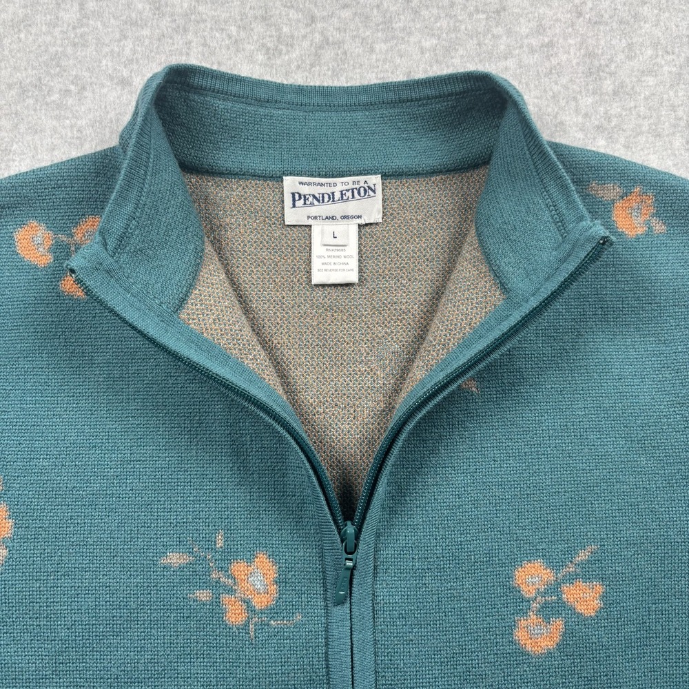 Pendleton Merino Wool Full Zip Cardigan Sweater Floral Teal Blue Womens Size L - Picture 6 of 16